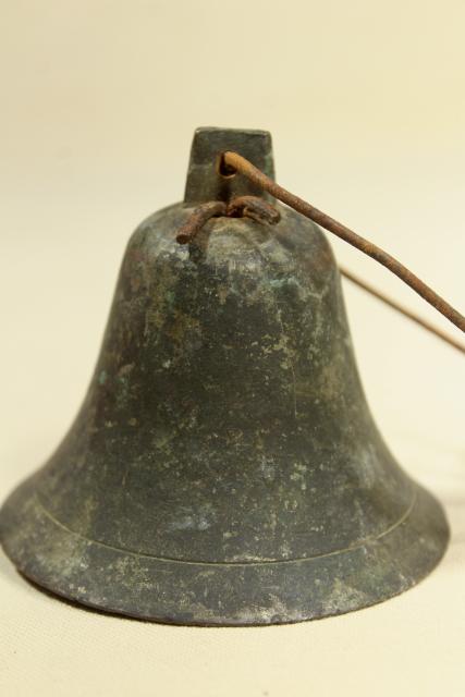 photo of vintage bronze or brass bell w/ iron clapper, old tarnished dark verdigris patina #3