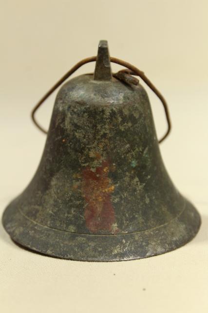 photo of vintage bronze or brass bell w/ iron clapper, old tarnished dark verdigris patina #4