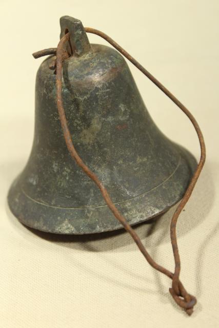 photo of vintage bronze or brass bell w/ iron clapper, old tarnished dark verdigris patina #5