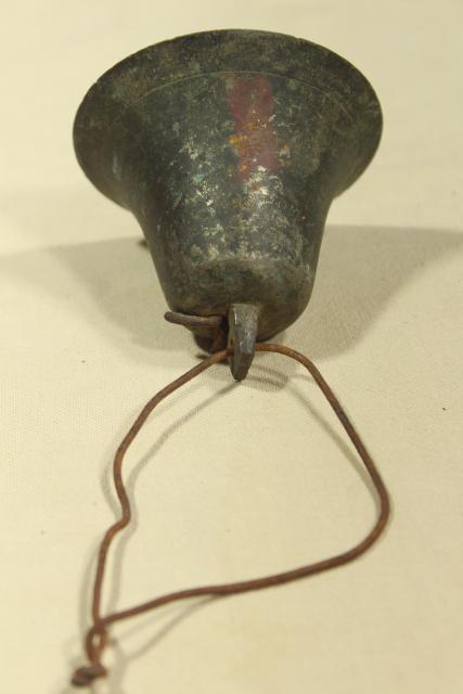 photo of vintage bronze or brass bell w/ iron clapper, old tarnished dark verdigris patina #7