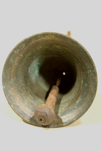 photo of vintage bronze or brass bell w/ iron clapper, old tarnished dark verdigris patina #8