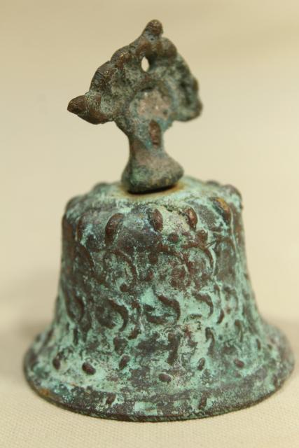 photo of vintage bronze temple or garden bell w/ verdigris green, handcrafted souvenir metal art #1