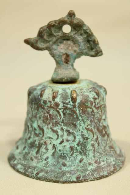 photo of vintage bronze temple or garden bell w/ verdigris green, handcrafted souvenir metal art #2