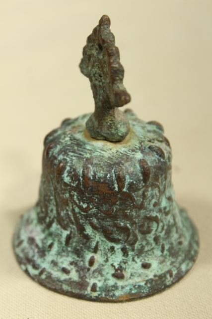 photo of vintage bronze temple or garden bell w/ verdigris green, handcrafted souvenir metal art #8