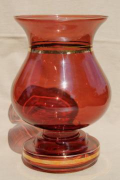 catalog photo of vintage brown amber glass candle lamp, hurricane shade & taper candle holder