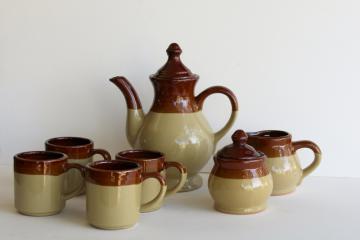 catalog photo of vintage brown band stoneware pottery coffee pot set cream & sugar, mugs