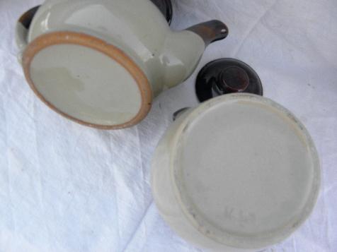 photo of vintage brown band stoneware pottery, old crock bean pot & teapot #2