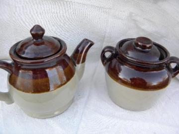 catalog photo of vintage brown band stoneware pottery, old crock bean pot & teapot