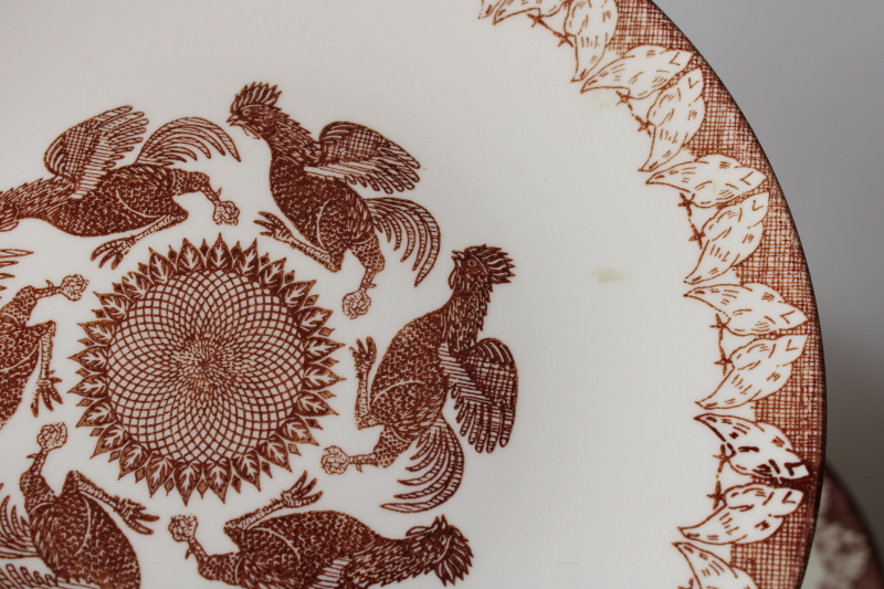 photo of vintage brown chickens monochrome print ceramic dinner plates, Hen Party Knowles china  #4