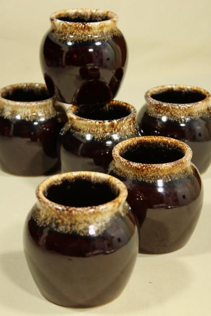 photo of vintage brown drip glaze pottery bean pots individual bakers or bowls marked USA #1