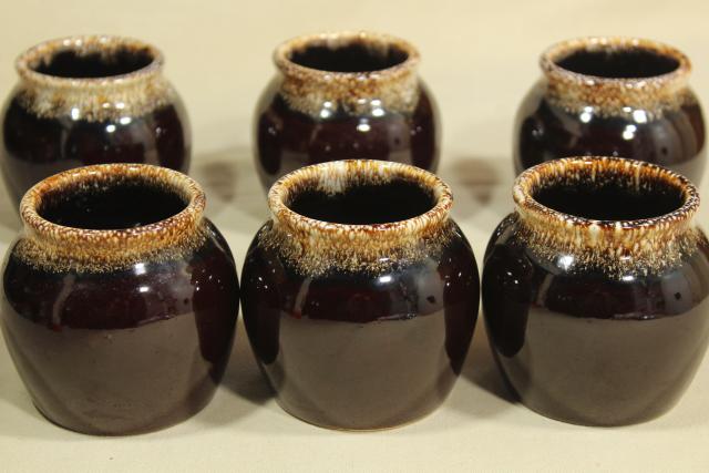 photo of vintage brown drip glaze pottery bean pots individual bakers or bowls marked USA #5