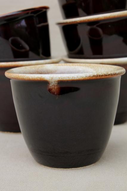 photo of vintage brown drip glaze pottery custard cups, set of six creme brulee pots #2