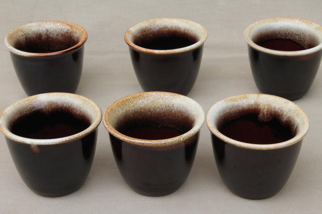 photo of vintage brown drip glaze pottery custard cups, set of six creme brulee pots #3