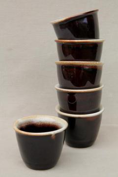 catalog photo of vintage brown drip glaze pottery custard cups, set of six creme brulee pots