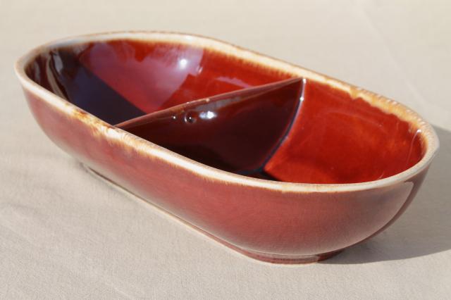 photo of vintage brown drip glaze pottery divided bowl, vegetable serving dish Mt. Clemens #1