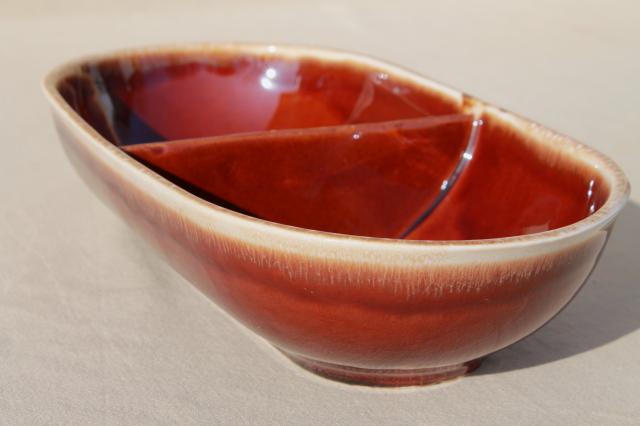 photo of vintage brown drip glaze pottery divided bowl, vegetable serving dish Mt. Clemens #3