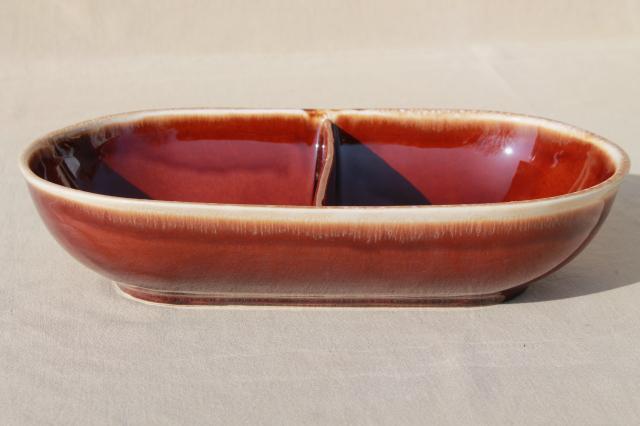 photo of vintage brown drip glaze pottery divided bowl, vegetable serving dish Mt. Clemens #4