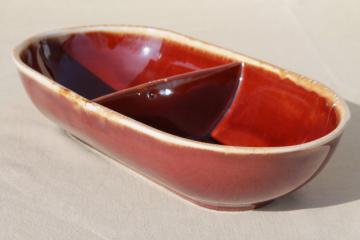 catalog photo of vintage brown drip glaze pottery divided bowl, vegetable serving dish Mt. Clemens