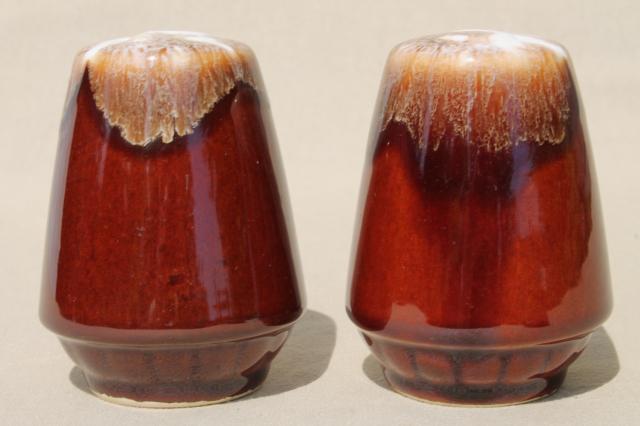 photo of vintage brown drip glaze pottery, large S&P salt & pepper shakers set #1