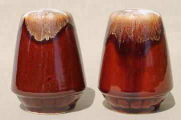 catalog photo of vintage brown drip glaze pottery, large S&P salt & pepper shakers set