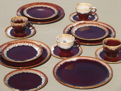 photo of vintage brown drip pottery dishes set for four, plates, cups & saucers #1