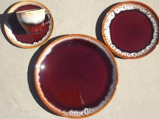 photo of vintage brown drip pottery dishes set for four, plates, cups & saucers #3