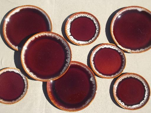 photo of vintage brown drip pottery dishes set for four, plates, cups & saucers #5