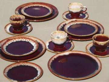 catalog photo of vintage brown drip pottery dishes set for four, plates, cups & saucers