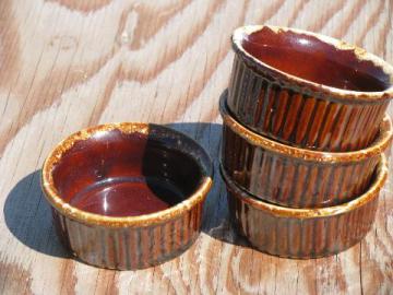 catalog photo of vintage brown drip pottery individual baking ramekins or custard cups