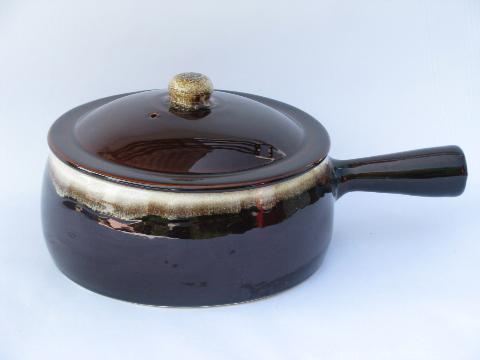 photo of vintage brown drip pottery, large french casserole w/ stick handle #1