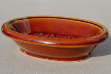 catalog photo of vintage brown pottery soap dish, country primitive rustic soapdish