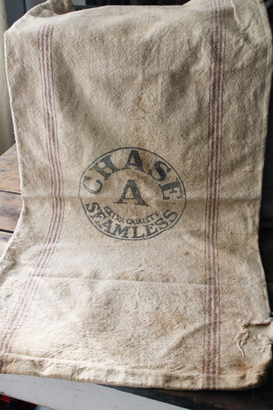 photo of vintage brown stripe grain sack, Chase seamless feed bag, heavy cotton homespun fabric #1