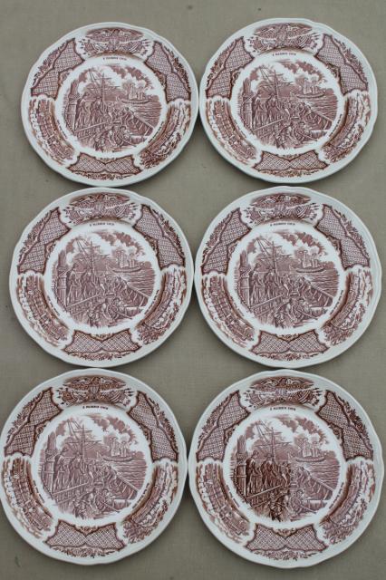 photo of vintage brown transferware china plates, Fair Winds tall ships & Chinese junks #1