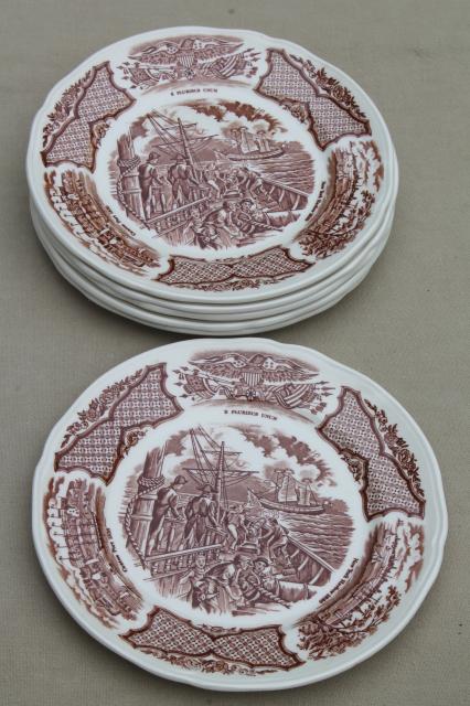 photo of vintage brown transferware china plates, Fair Winds tall ships & Chinese junks #2