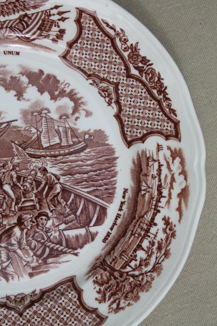 photo of vintage brown transferware china plates, Fair Winds tall ships & Chinese junks #5