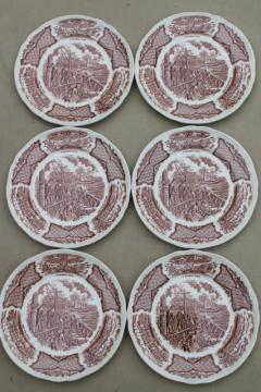 catalog photo of vintage brown transferware china plates, Fair Winds tall ships & Chinese junks