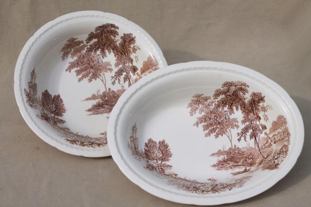 photo of vintage brown transferware china serving bowls, Swinnerton's The Ferry toile style print #1