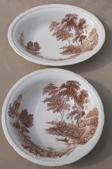 photo of vintage brown transferware china serving bowls, Swinnerton's The Ferry toile style print #4