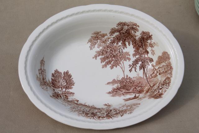 photo of vintage brown transferware china serving bowls, Swinnerton's The Ferry toile style print #5