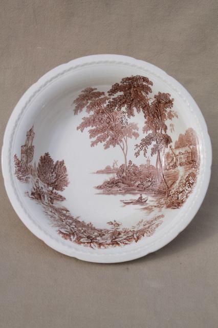 photo of vintage brown transferware china serving bowls, Swinnerton's The Ferry toile style print #9