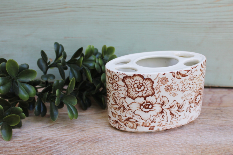 photo of vintage brown transferware china toothbrush holder 18th Century Chintz James Kent #1