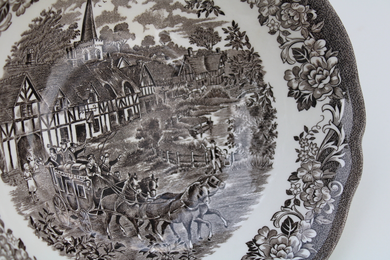 photo of vintage brown transferware ironstone china, large bowl Stratford Stage English village scene J-G Meakin #2