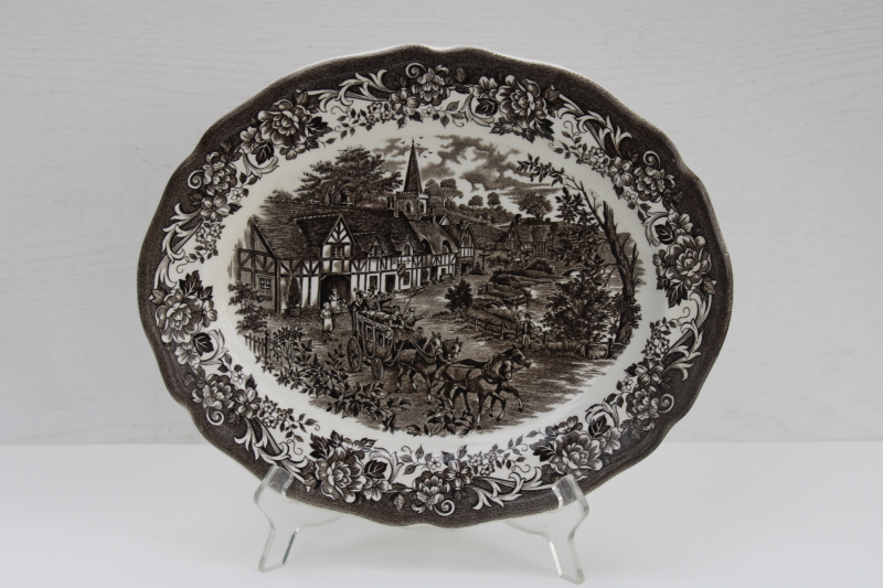 photo of vintage brown transferware ironstone china platter, Stratford Stage English village scene J-G Meakin #1