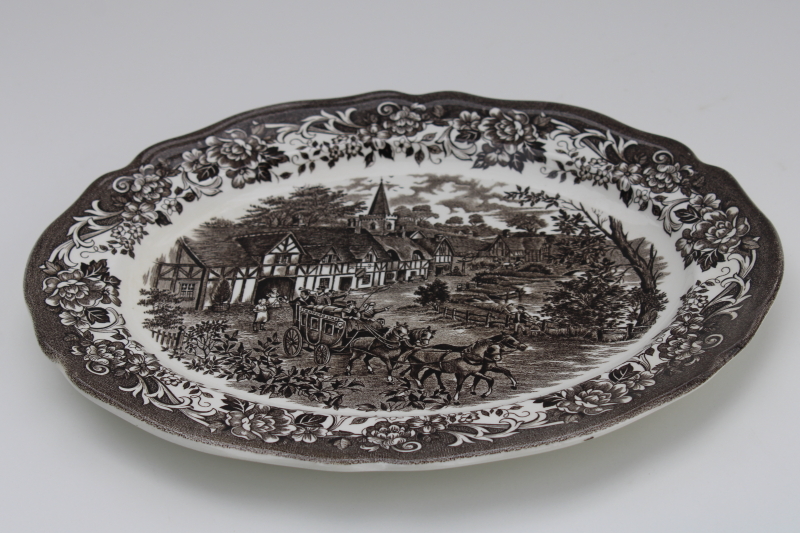 photo of vintage brown transferware ironstone china platter, Stratford Stage English village scene J-G Meakin #4