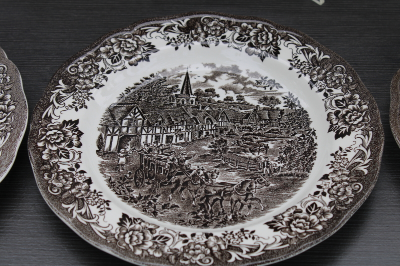 photo of vintage brown transferware ironstone china small plates, Stratford Stage English village scene J&G Meakin  #2