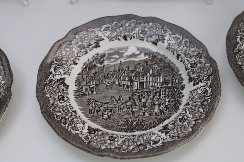 photo of vintage brown transferware ironstone china small plates, Stratford Stage English village scene J&G Meakin  #2