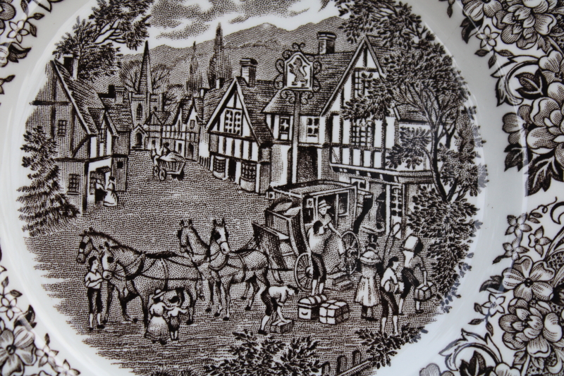 photo of vintage brown transferware ironstone china small plates, Stratford Stage English village scene J&G Meakin  #3