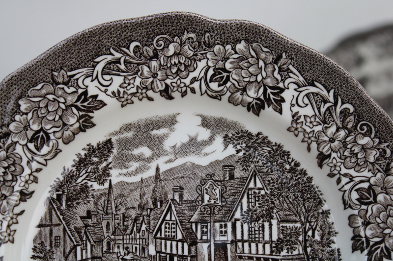 photo of vintage brown transferware ironstone china small plates, Stratford Stage English village scene J&G Meakin  #4