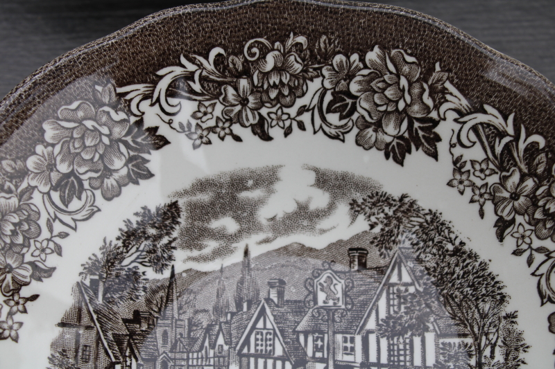 photo of vintage brown transferware ironstone china soup bowls, Stratford Stage English village scene J-G Meakin #3