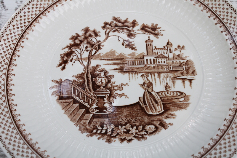 photo of vintage brown transferware white ironstone china salad plates, Du Barry French country pattern  #2